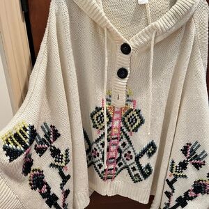 Ellison Cream Hooded Poncho with Colorful Pattern